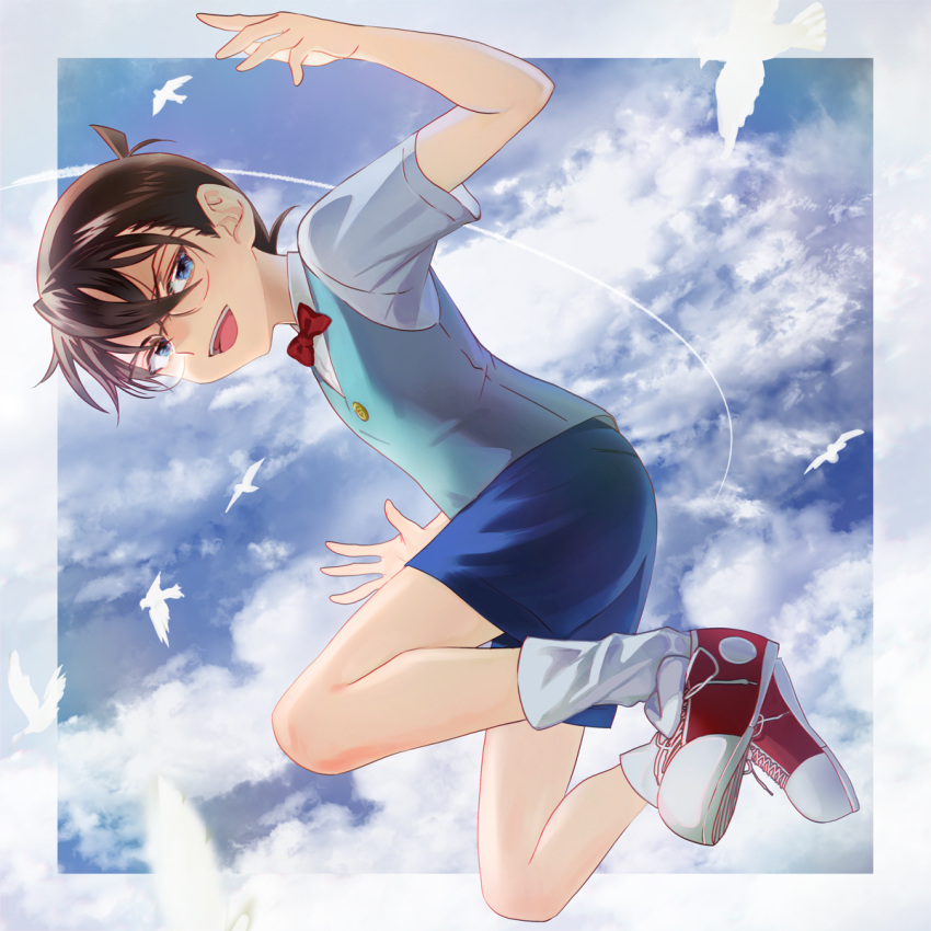 1girl bird blue_eyes blue_shorts blue_sky blue_vest bow bowtie brown_hair clouds edogawa_conan full_body glasses highres loose_socks meitantei_conan outdoors panmijin99 red_bow red_bowtie shoes short_sleeves shorts sky sneakers socks vest white_socks
