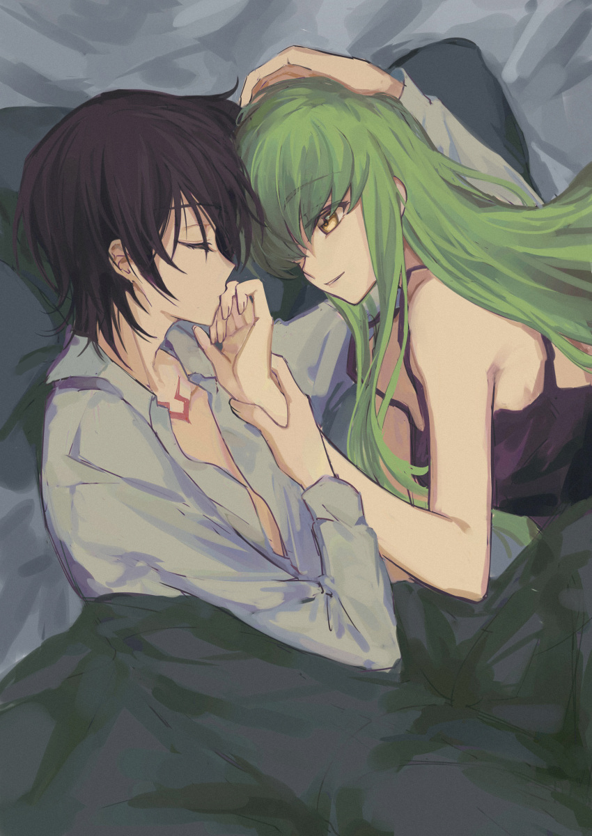 1boy 1girl absurdres bed_sheet black_hair black_shirt c.c. closed_eyes code_geass collarbone collared_shirt couple dress_shirt from_above green_hair grey_shirt hetero highres kiss kissing_hand lelouch_lamperouge long_hair lying okuseric on_side open_clothes open_shirt parted_lips shirt short_hair sleeveless sleeveless_shirt straight_hair strap_gap under_covers very_long_hair wing_collar yellow_eyes