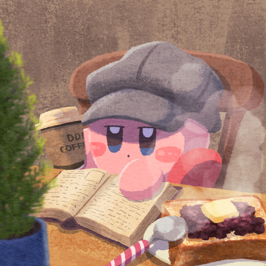 book butter coffee coffee_cup cup disposable_cup food hat highres holding holding_cup kirby kirby_(series) miclot no_humans plant potted_plant reading restaurant sitting solo steam table toast