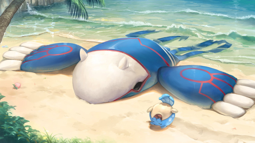 :d ^_^ berry_(pokemon) closed_eyes commentary_request day fangs highres jigumo_(6zzyag) kyogre lying no_humans on_back open_mouth outdoors palm_tree pokemon pokemon_(creature) sand shore smile spheal tongue tree water