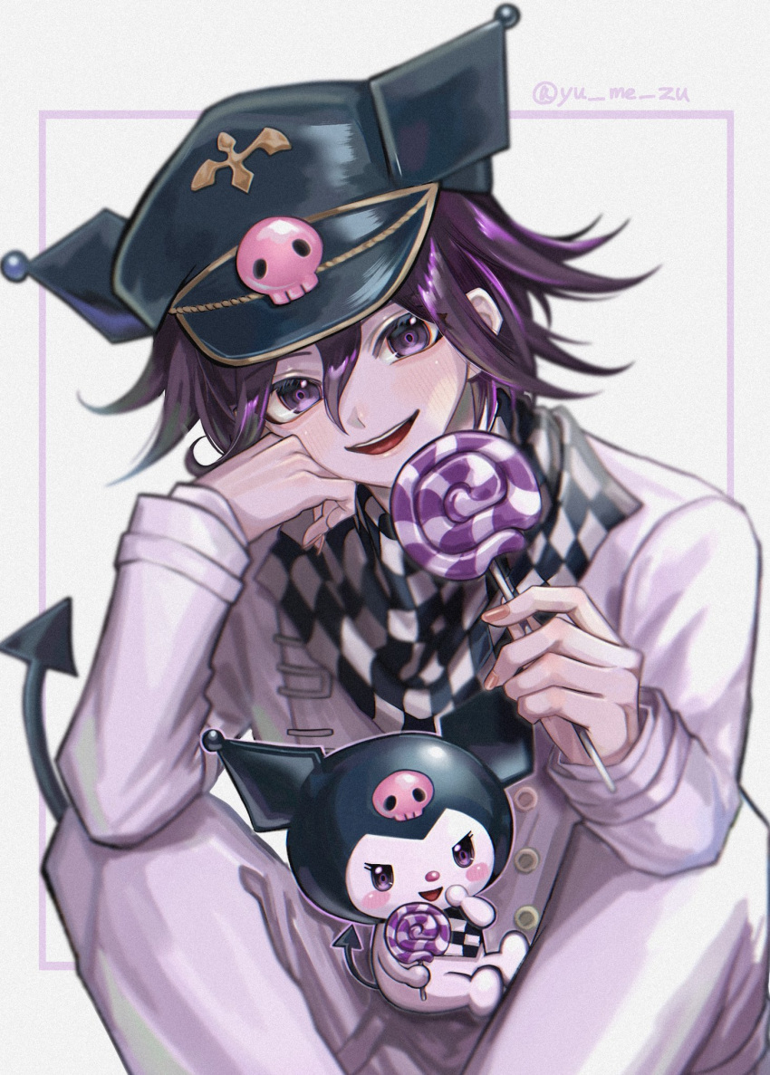 1boy :d artist_name bangs black_hair black_headwear black_scarf blush buttons candy checkered_clothes checkered_scarf danganronpa_(series) danganronpa_v3:_killing_harmony demon_tail feet_out_of_frame food grey_jacket grey_pants hair_between_eyes highres holding holding_candy holding_food holding_lollipop jacket kuromi lollipop long_sleeves male_focus multicolored_hair onegai_my_melody open_mouth ouma_kokichi pants pink_eyes pink_hair scarf simple_background sitting smile solo tail teeth two-tone_hair two-tone_scarf upper_teeth white_background white_scarf yumezu_(yu_me_zu)