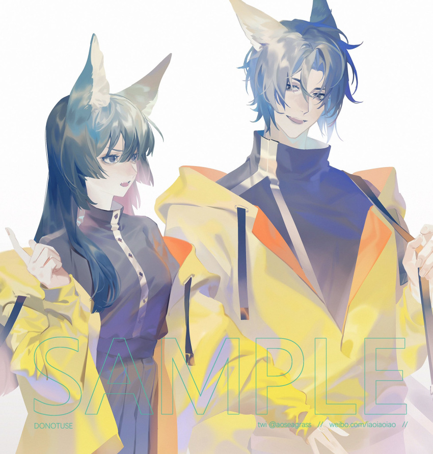 1boy 1girl animal_ears aoseagrass black_hair blue_hair cat_boy cat_ears cat_girl grey_eyes grey_hair hands_up high_collar highres hood hood_down hooded_jacket index_finger_raised jacket jacket_partially_removed long_sleeves looking_at_another open_mouth orange_jacket original sample_watermark simple_background standing two-sided_fabric upper_body white_background yellow_jacket