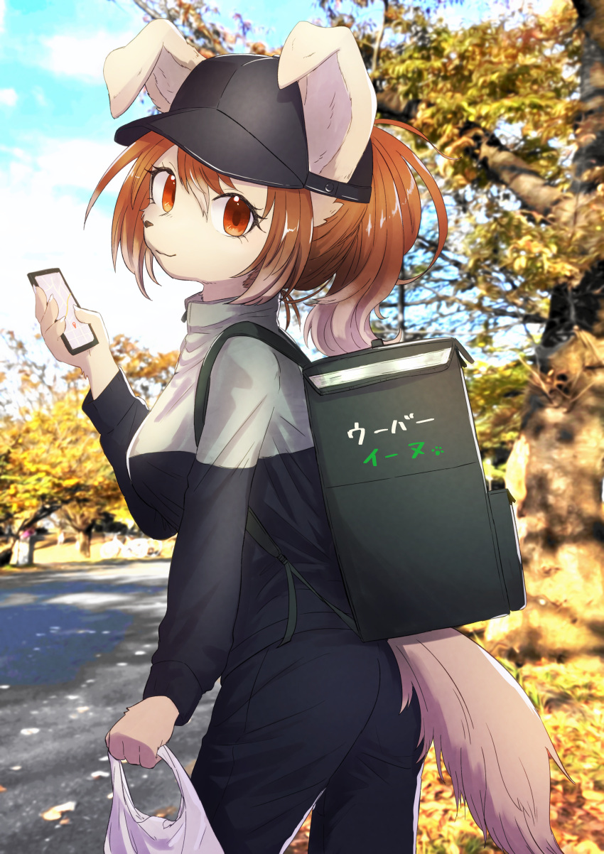 1girl absurdres animal_ears backpack bag baseball_cap black_headwear black_jacket body_fur brown_eyes brown_fur cellphone dosta from_side furry furry_female grey_jacket hat highres holding holding_bag holding_phone jacket leaning_forward multicolored_clothes multicolored_jacket original phone photo_background ponytail smartphone smile solo tail two-tone_jacket uber_eats
