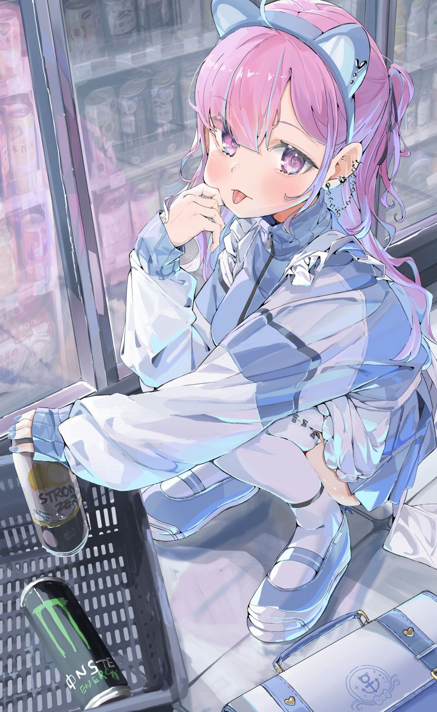 1girl :p absurdres animal_ears blue_hair can cat_ears colored_inner_hair energy_drink fake_animal_ears hairband highres holding holding_can hololive long_hair looking_at_viewer minato_aqua monster_energy multicolored_hair nanaco_41n product_placement purple_hair slav_squatting solo squatting streaked_hair tongue tongue_out two-tone_hair violet_eyes virtual_youtuber
