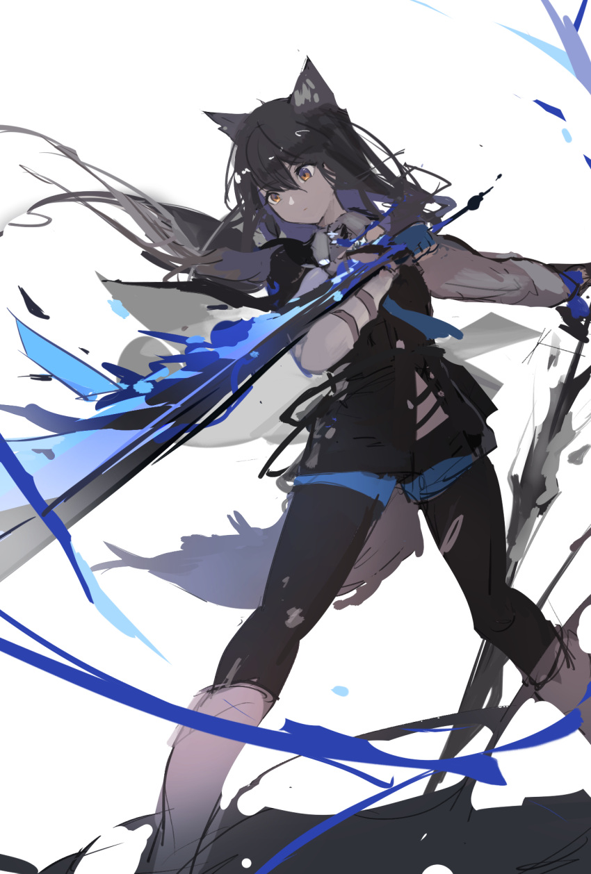 1girl animal_ears arknights black_hair black_pantyhose black_vest blue_shorts boots closed_mouth dual_wielding feet_out_of_frame grey_footwear highres holding holding_sword holding_weapon knee_boots long_hair long_sleeves orange_eyes pantyhose pantyhose_under_shorts shirt shorts simple_background sketch solo standing sword tail texas_(arknights) texas_the_omertosa_(arknights) tianye_toshi very_long_hair vest weapon white_background white_shirt wolf_ears wolf_girl wolf_tail