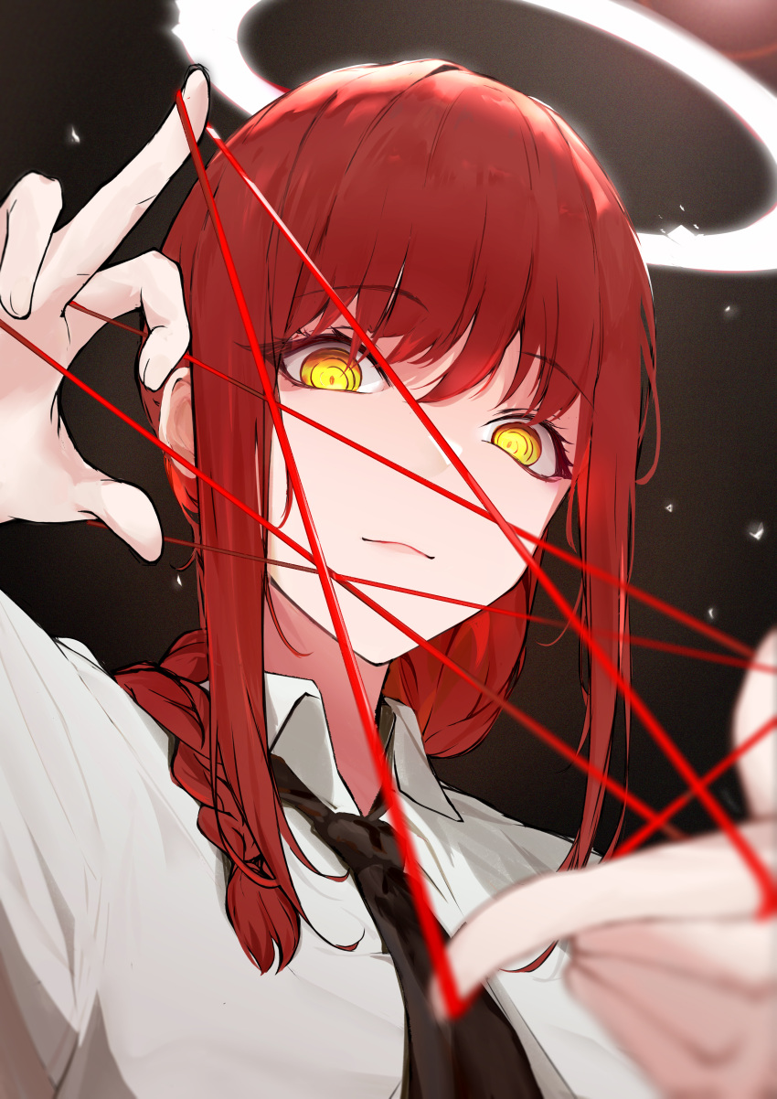 1girl absurdres bangs braid braided_ponytail cat's_cradle chainsaw_man closed_mouth collared_shirt formal halo hermityy highres light_smile looking_at_viewer makima_(chainsaw_man) necktie redhead ringed_eyes shirt sidelocks solo string string_around_finger string_of_fate upper_body yellow_eyes