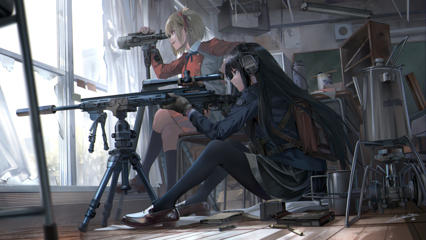 2girls backpack bag black_hair black_pantyhose black_socks blonde_hair broken_window crossed_legs dress grey_dress gun highres holding holding_gun holding_weapon indoors inoue_takina long_hair looking_away lycoris_recoil multiple_girls neko_(yanshoujie) nishikigi_chisato on_floor pantyhose red_dress rifle short_hair sitting smile sniper_rifle socks two-tone_dress weapon window