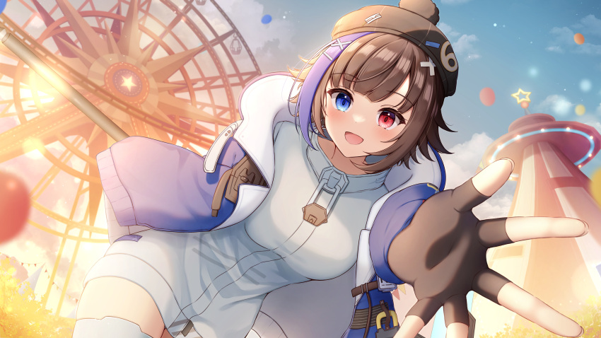 1girl :d absurdres amusement_park balloon beret black_gloves black_headwear blue_eyes blue_jacket blue_sky breasts brown_hair clouds cocoritter_(tower_of_fantasy) commentary_request dress ferris_wheel fingerless_gloves gloves hair_ornament hairclip hat heterochromia highres jacket leaning_forward looking_at_viewer medium_breasts multicolored_hair open_clothes open_jacket outdoors outstretched_arm purple_hair red_eyes sky smile solo star_(symbol) streaked_hair sunset thigh-highs tower_of_fantasy white_dress white_thighhighs x_hair_ornament yukiunag1