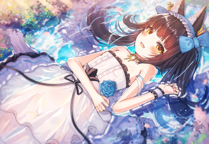 1girl absurdres animal_ear_fluff animal_ears armpit_crease azur_lane bangs bare_shoulders black_hair blue_bow blue_flower blue_rose bow commentary_request corset crown dress flat_chest flower fox_ears fox_girl hair_bow hairband highres jewelry looking_at_viewer lying mini_crown nagato_(azur_lane) nagato_(guardian_fox's_vacation)_(azur_lane) nahril necklace on_back open_mouth outdoors petals petals_on_liquid rose sidelocks sleeveless sleeveless_dress smile solo twintails white_dress wrist_cuffs yellow_eyes
