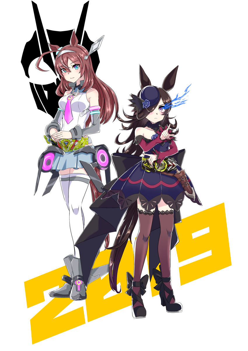 2019 2girls absurdres ahoge animal_ears back_bow bangs bare_shoulders belt black_bow black_collar black_footwear black_hair blue_dress blue_eyes blue_flower blue_rose boots bow brown_hair brown_thighhighs closed_mouth collar collared_leotard commentary_request cosplay detached_sleeves dress emblem flaming_eye flower frown fukazume_extreme fur_collar grey_footwear grey_hairband grey_skirt grey_sleeves hair_ornament hair_over_one_eye hairband high_heels highres horse_ears horse_girl horse_tail horseshoe_ornament kamen_rider kamen_rider_zero-one kamen_rider_zero-one_(cosplay) kamen_rider_zero-two kamen_rider_zero-two_(cosplay) knife lace-trimmed_thighhighs large_bow leotard long_bangs long_hair long_sleeves looking_at_viewer mihono_bourbon_(umamusume) miniskirt multiple_girls necktie off-shoulder_dress off_shoulder pink_necktie pleated_skirt pointing pose rice_shower_(umamusume) rigging rose sheath sheathed simple_background single_horizontal_stripe skirt sleeveless smile standing tail thigh-highs umamusume violet_eyes white_background white_leotard white_thighhighs
