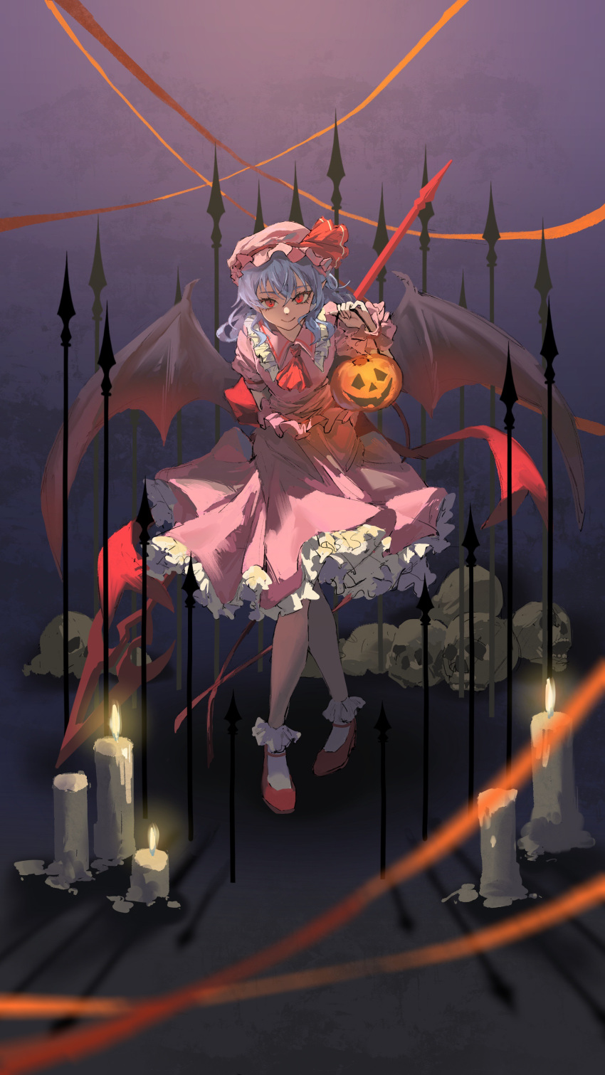 1girl absurdres ascot blue_hair bobby_socks candle closed_mouth collared_shirt fire flame frilled_shirt_collar frilled_skirt frilled_sleeves frills full_body hair_between_eyes halloween halloween_bucket hat hat_ribbon highres holding holding_polearm holding_weapon jingyou long_sleeves looking_at_viewer medium_hair mob_cap pink_headwear pink_shirt pink_skirt polearm procreate_(medium) red_ascot red_eyes red_footwear red_ribbon remilia_scarlet ribbon shirt shoes skirt skirt_set skull slit_pupils smile socks solo spear_the_gungnir standing touhou weapon white_socks