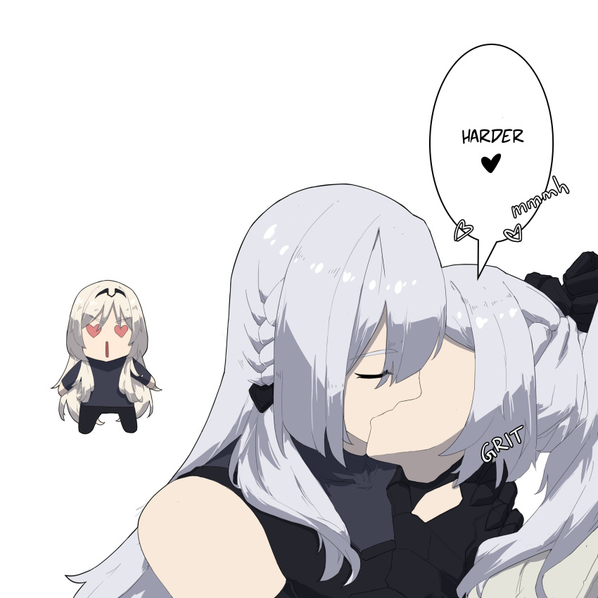 3girls absurdres ak-12_(girls'_frontline) ak-15_(girls'_frontline) an-94_(girls'_frontline) chibi closed_eyes defy_(girls'_frontline) english_text girls_frontline heart heart-shaped_eyes highres kiss multiple_girls speech_bubble variasii white_background white_hair yuri