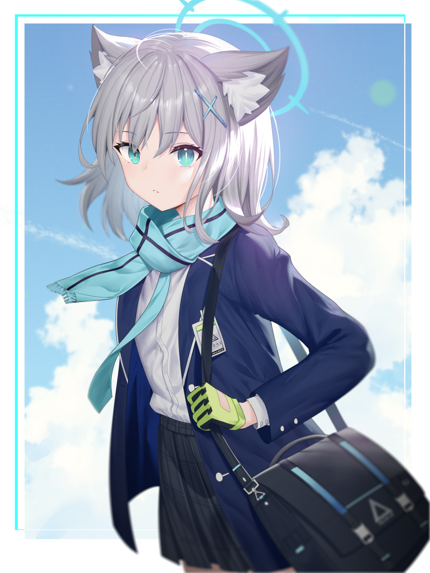 1girl absurdres animal_ear_fluff animal_ears bag bangs black_skirt blazer blue_archive blue_eyes blue_jacket blue_necktie blue_scarf blue_sky cat_ears clouds commentary_request day fringe_trim gloves green_gloves grey_hair hair_between_eyes hair_ornament halo highres jacket long_sleeves looking_at_viewer mismatched_pupils necktie open_clothes open_jacket parted_lips pleated_skirt roi_(liu_tian) scarf school_uniform shiroko_(blue_archive) shirt shoulder_bag skirt sky solo white_shirt