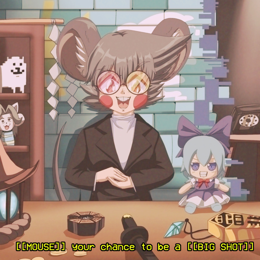 1girl alternate_hairstyle animal_ears annoying_dog bespectacled bishamonten's_pagoda black_jacket blazer blue_bow blush_stickers bow cirno commentary commission crossover deltarune english_commentary english_text fumo_(doll) glasses gohei grey_hair highres indoors jacket jewelry long_sleeves looking_at_viewer mini-hakkero mouse_ears mouse_girl mouse_tail multicolor-tinted_eyewear nazrin open_mouth own_hands_together pendant pendant_removed phone rod_of_remorse rotary_phone round_eyewear scabbard sheath sheathed shop short_hair solo spamton_g._spamton step_arts sword table tail teeth temmie tinted_eyewear touhou upper_body upper_teeth weapon yin_yang