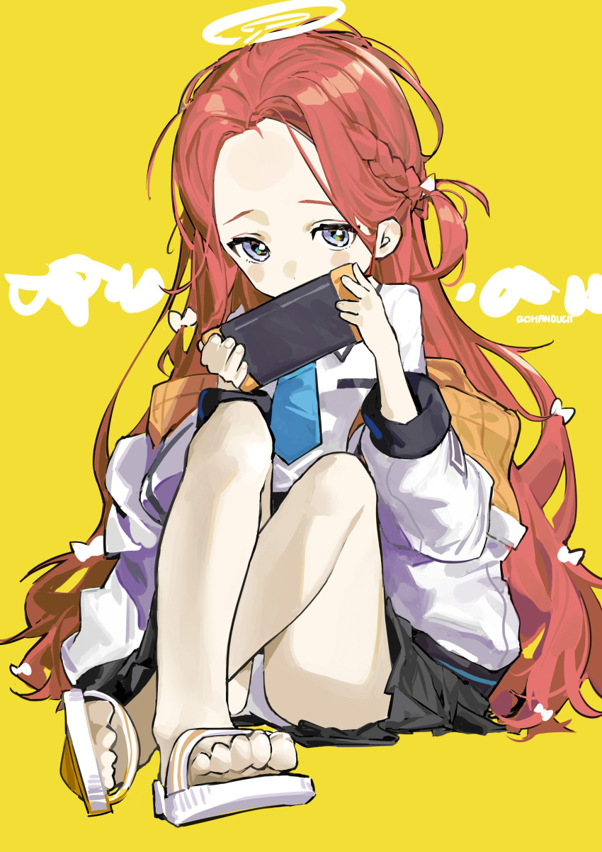 absurdres bangs blue_archive blue_eyes braid forehead gohanduck halo highres jacket multicolored_clothes multicolored_jacket necktie one_side_up parted_bangs pleated_skirt redhead sandals skirt white_jacket yuzu_(blue_archive)