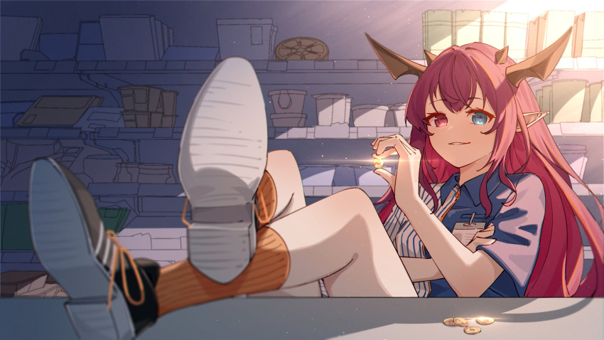 1girl bangs blue_eyes coin employee_uniform heterochromia highres holed_coin hololive hololive_english horns irys_(hololive) jl_tan long_hair multicolored_hair pointy_ears purple_hair redhead shelf shoe_soles shoes socks solo streaked_hair uniform very_long_hair violet_eyes virtual_youtuber