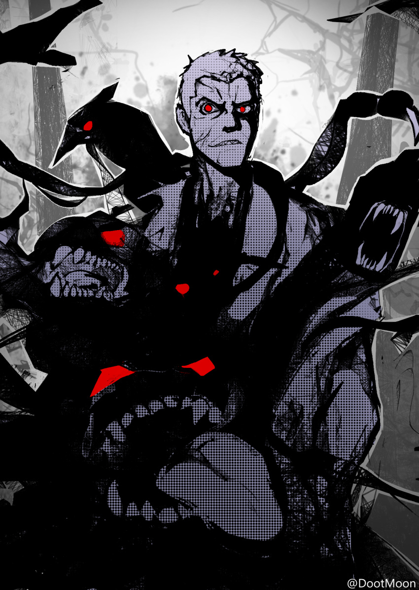 1boy bug coat colored_skin creature crew_cut darkness dootmoon evil_grin evil_smile extra_eyes extra_teeth grey_hair grin highres jacket limited_palette male_focus melty_blood monster nrvnqsr_chaos open_clothes open_coat open_jacket red_eyes sharp_teeth short_hair smile smirk solo teeth tongue tongue_out tsukihime twitter_username white_hair white_skin