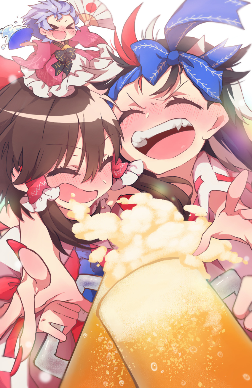 3girls absurdres alcohol beer beer_mug black_hair blush bow brown_hair closed_eyes cup fingernails folding_fan hair_between_eyes hair_bow hair_tubes hakurei_reimu hand_fan highres holding holding_cup holding_fan horns japanese_clothes kijin_seija kimono long_fingernails long_hair long_sleeves mug multicolored_hair multiple_girls nail_polish natsu_(tohotiara) open_mouth purple_hair red_bow red_kimono red_nails redhead sakazuki short_hair sidelocks smile streaked_hair sukuna_shinmyoumaru touhou wide_sleeves