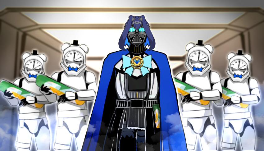 1girl absurdres armor blue_cape blue_hair cape chain clock commentary_request cosplay darth_vader darth_vader_(cosplay) hair_intakes hat head_chain highres hololive hololive_english korean_commentary kronie_(ouro_kronii) looking_at_viewer mask minchi_(anda) mini_hat mini_top_hat ouro_kronii short_hair spacecraft_interior star_wars star_wars:_a_new_hope steam stormtrooper subway top_hat virtual_youtuber