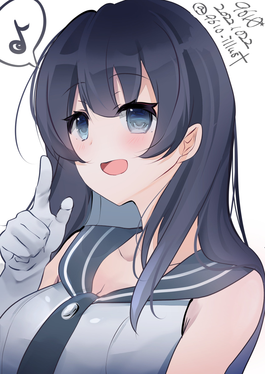 1girl absurdres agano_(kancolle) artist_name black_hair black_necktie black_sailor_collar breasts commentary_request dated eighth_note eiji_(monochromexd) gloves grey_eyes highres index_finger_raised kantai_collection large_breasts long_hair looking_at_viewer musical_note necktie one-hour_drawing_challenge sailor_collar school_uniform serafuku shirt sleeveless sleeveless_shirt solo spoken_musical_note twitter_username white_gloves white_shirt