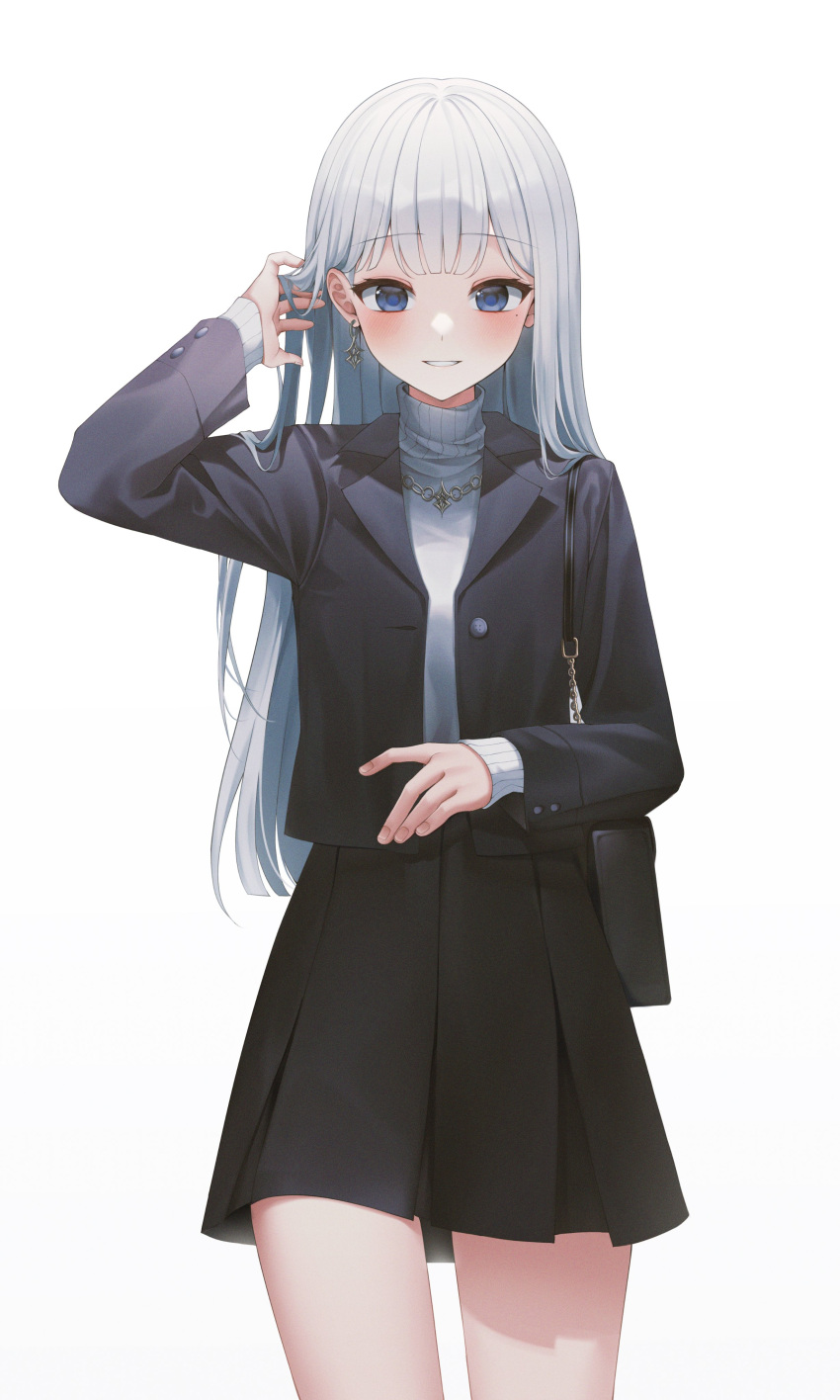 1girl absurdres alternate_costume alternate_hairstyle arm_up bag black_bag black_jacket black_skirt blue_eyes blush commentary cowboy_shot earrings formal genshin_impact grey_shirt grin hair_down hand_in_own_hair highres jacket jewelry kamisato_ayaka long_hair long_sleeves looking_at_viewer mole mole_under_eye necklace open_clothes open_jacket parted_lips pleated_skirt shirt shoulder_bag sidelocks simple_background single_earring skirt sleeves_past_wrists smile solcha solo thighs turtleneck white_background white_hair