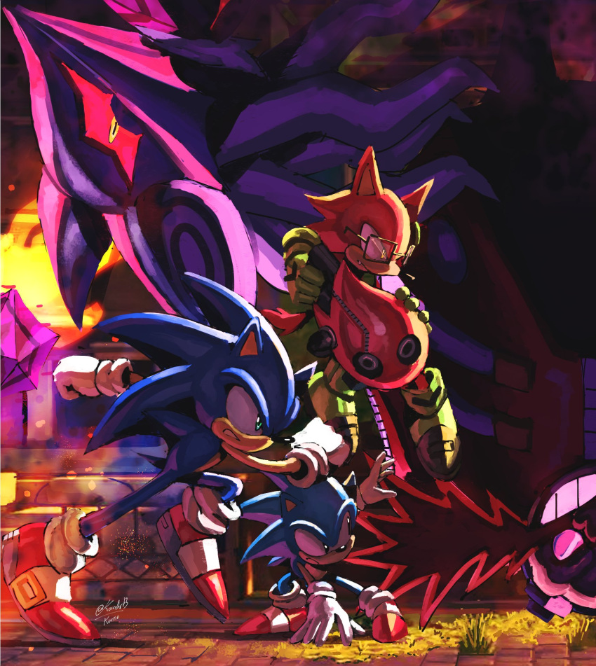 5boys avatar_(sonic_forces) boots dr._eggman dual_persona evil_grin evil_smile furry furry_male glasses gloves green_eyes grin highres holding holding_weapon infinite_(sonic) kornart mask multiple_boys phantom_ruby running serious shoes smile sonic_(series) sonic_forces sonic_the_hedgehog upside-down weapon white_gloves