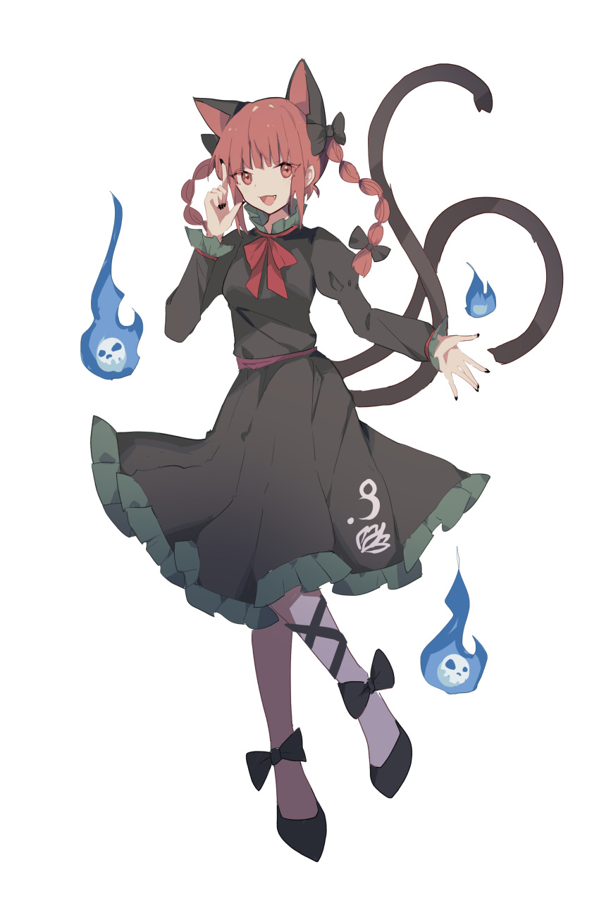 1girl :d absurdres animal_ears bangs black_bow black_dress black_footwear black_nails black_ribbon blunt_bangs bow braid cat_ears cat_tail dress extra_ears fang fingernails frilled_dress frilled_sleeves frills full_body hair_bow hand_up highres hitodama juliet_sleeves kaenbyou_rin leg_ribbon long_fingernails long_hair long_sleeves looking_at_viewer multiple_tails nail_polish neckerchief open_mouth puffy_sleeves red_eyes red_neckerchief ribbon shoes simple_background smile solo tail touhou twin_braids two_tails white_background zhuanjia710