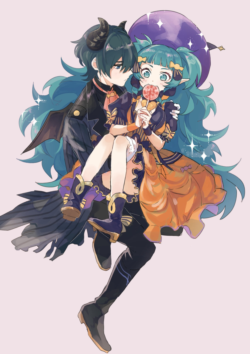 1boy 1girl absurdres ascot bangs black_dress black_footwear black_jacket black_pants blue_eyes blue_footwear blue_hair byleth_(fire_emblem) byleth_eisner_(male) candy carrying carrying_person commentary demon_horns demon_wings dress fake_horns fake_wings fire_emblem fire_emblem:_three_houses fire_emblem_heroes food food_in_mouth gloves green_eyes green_hair halloween halloween_costume hat highres horns jacket lollipop long_hair messy_hair multicolored_clothes multicolored_dress noki_(nikumasyumaro) official_alternate_costume orange_ascot orange_dress pants pointy_ears princess_carry profile puffy_short_sleeves puffy_sleeves purple_headwear shoes short_hair short_sleeves simple_background sothis_(fire_emblem) striped striped_jacket twintails two-tone_dress very_long_hair white_gloves wings witch_hat