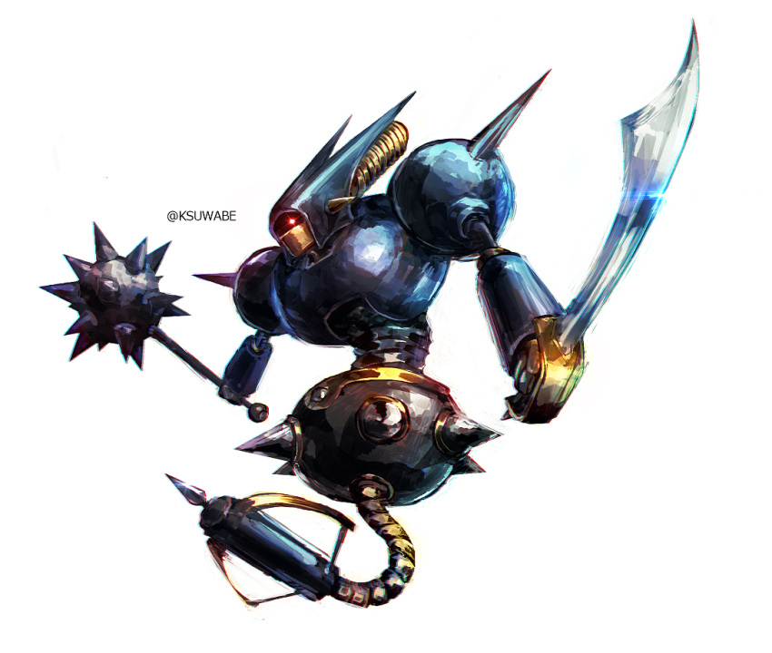 arrow_(projectile) bow dragon_quest full_body glowing glowing_eye holding holding_sword holding_weapon k-suwabe killer_machine_2_(dragon_quest) looking_at_viewer mace mecha no_humans red_eyes robot simple_background solo spiked_mace spikes sword twitter_username weapon white_background