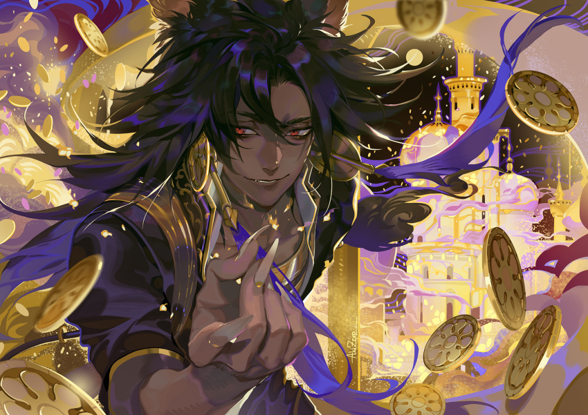 1boy akizero1510 animal_ears arabian_architecture black_hair black_jacket borrowed_character castle coin commentary commission curtained_hair dark-skinned_male dark_skin english_commentary fang fingernails gold_trim hair_tubes highres jacket jewelry leaning_forward long_fingernails long_hair looking_at_viewer male_focus money_gesture money_rain neck_ring original parted_lips red_eyes sharp_fingernails smile smoke solo upper_body
