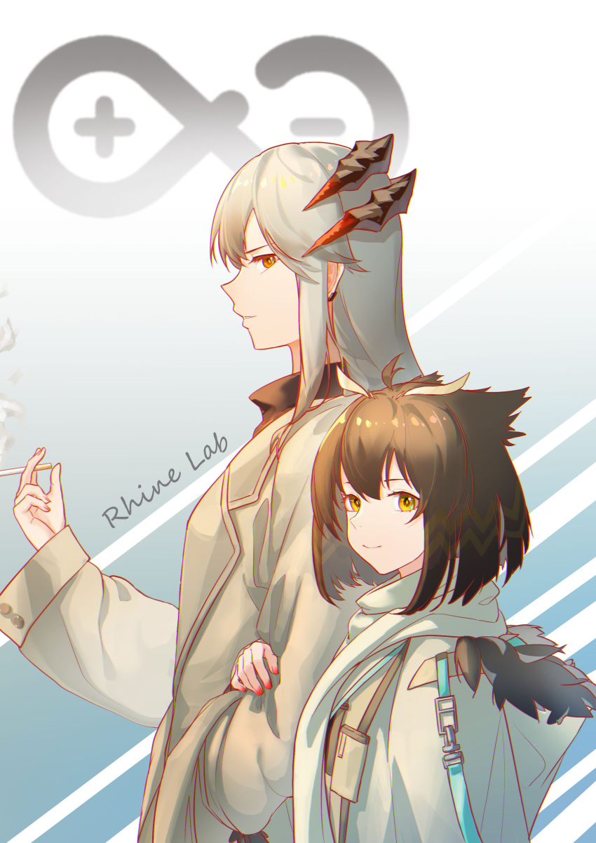 2girls absurdres arknights bangs brown_hair cigarette closed_mouth coat dragon_horns earrings from_side grey_hair height_difference highres holding holding_cigarette hood hood_down hooded_coat horns hupo_1000 jewelry long_hair long_sleeves multiple_girls nail_polish orange_eyes owl_ears profile red_nails rhine_lab_logo saria_(arknights) short_hair silence_(arknights) smile smoke trench_coat upper_body white_coat yellow_eyes
