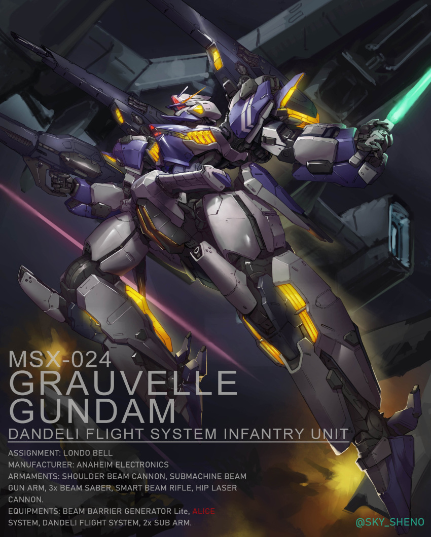 absurdres beam_saber character_name english_commentary explosion flying gun gundam highres holding holding_gun holding_sword holding_weapon mecha no_humans original red_eyes robot science_fiction shoulder_cannon sky_(sky_sheno) solo spacecraft sword v-fin weapon