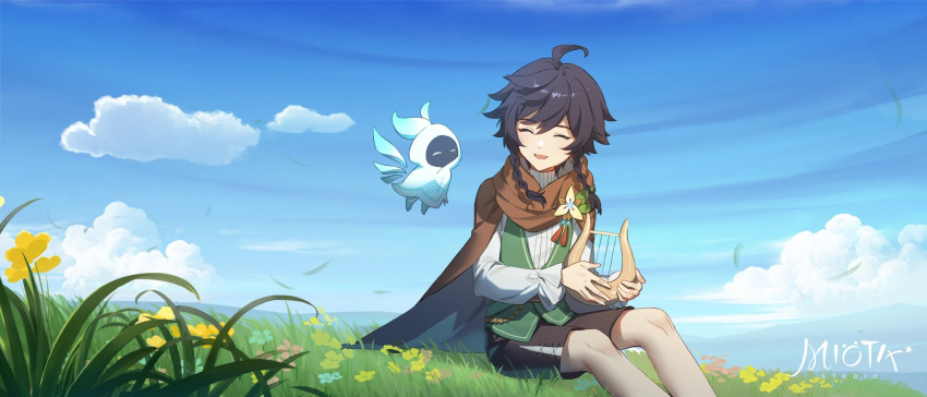 1boy 1other ahoge artist_name bangs barbatos_(genshin_impact) belt black_hair black_shorts blue_flower blue_sky braid brown_belt brown_cloak chinese_commentary cloak closed_eyes clouds cloudy_sky commentary_request darkcatowo flower flying genshin_impact grass green_vest grey_pantyhose grey_shirt hair_between_eyes hands_up highres holding holding_instrument instrument leaf long_sleeves lyre no_headwear open_mouth outdoors pantyhose pink_flower pom_pom_(clothes) puffy_long_sleeves puffy_sleeves shirt short_hair shorts sitting sky smile twin_braids venti_(genshin_impact) vest yellow_flower