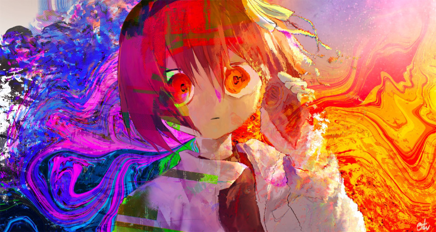 1girl a.i._voice adachi_rei bangs black_hairband black_shirt blank_stare blue_background cassette_player closed_mouth dissolving distortion empty_eyes expressionless glitch gloves hair_between_eyes hair_ribbon hairband hand_up highres holding jacket leaning_to_the_side long_sleeves medium_hair multicolored_background open_clothes open_jacket orange_background orange_eyes orange_hair parka pinosan portrait ribbon shirt side_ponytail signature solo utau white_gloves white_jacket white_ribbon wide-eyed
