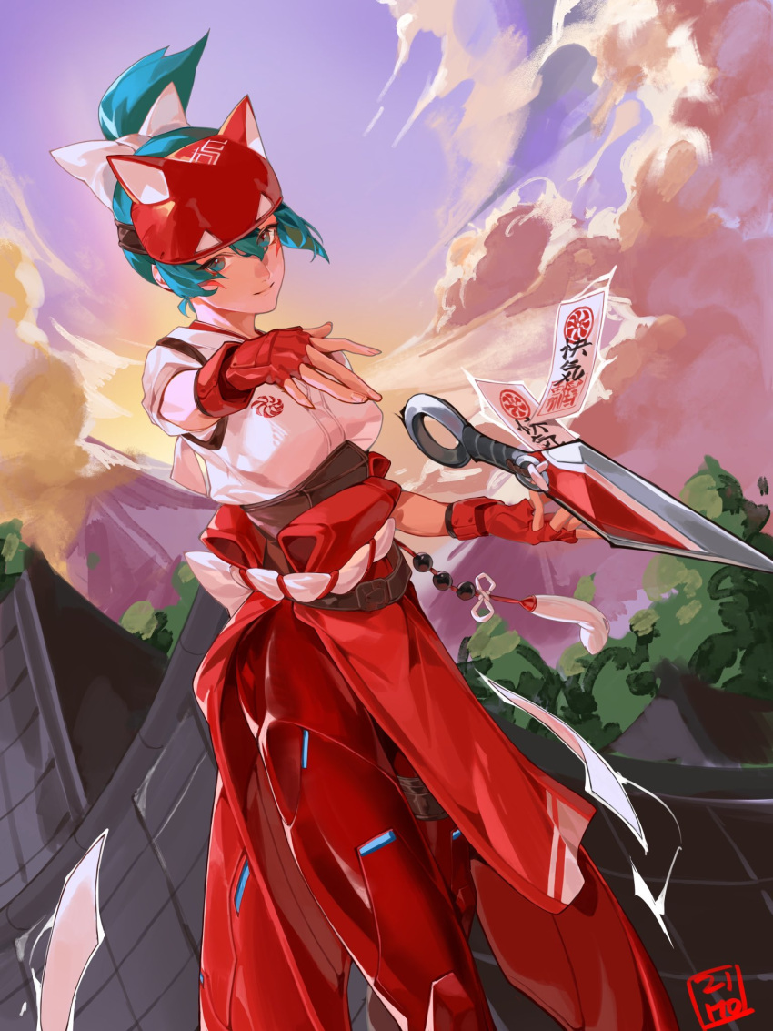 1girl architecture blue_sky bow clouds cowboy_shot east_asian_architecture facial_mark fingerless_gloves fox_mask gloves green_eyes green_hair hair_bow hakama half_mask highres japanese_clothes kimono kiriko_(overwatch) kunai kyeongsu_lee mask ninja ofuda outdoors outstretched_hand overwatch overwatch_2 red_gloves rooftop rope_belt signature sky smile solo standing_on_roof throwing tree weapon white_kimono