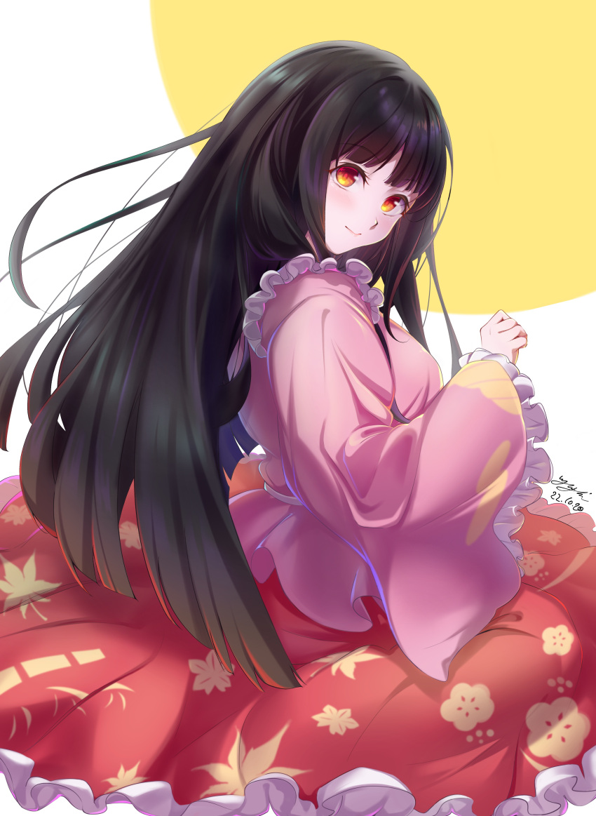 1girl absurdres artist_name autumn_leaves back bamboo_print bangs belt black_hair blouse blush breasts closed_mouth commentary_request dated floral_print flower frills from_behind grey_belt hand_up highres houraisan_kaguya leaf leaf_print long_hair long_sleeves looking_back looking_to_the_side medium_breasts moon pink_shirt red_eyes red_skirt shirt simple_background sitting skirt smile solo touhou white_background wide_sleeves yellow_flower yellow_moon yujin_(kanouyuuto-0423)
