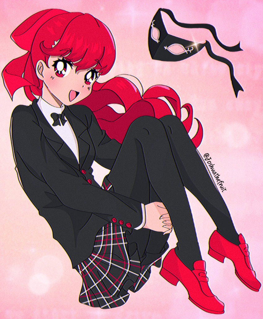 1990s_(style) 1girl bangs breasts curled_up hair_ribbon hands_under_legs highres joshuathefruit leggings long_hair looking_at_viewer mask open_mouth own_hands_together persona persona_5 ponytail red_eyes red_footwear red_ribbon redhead retro_artstyle ribbon school_uniform shuuchiin_academy_school_uniform small_breasts smile solo watermark yoshizawa_kasumi