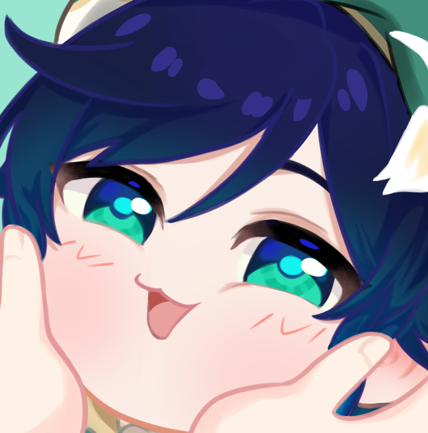 1boy :3 black_hair blush close-up english_commentary genshin_impact green_background green_eyes green_headwear hands_on_another's_face krishna_artly looking_at_viewer male_focus open_mouth pov simple_background smile solo_focus squishing venti_(genshin_impact)