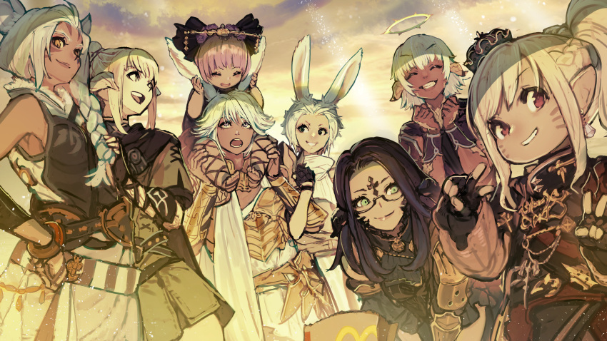 6+girls ^_^ absurdres animal_ears armor au_ra avatar_(ff14) bangs bare_shoulders black_hair blonde_hair bracer braid breastplate cape carrying cat_ears cloak closed_eyes closed_mouth crown dark-skinned_female dark_skin final_fantasy final_fantasy_xiv fingerless_gloves fisheye friends glasses gloves green_eyes grin halo hand_on_hip hand_up hands_up height_difference hide_(hideout) high_ponytail highres horns lalafell long_braid long_hair long_sleeves looking_at_another looking_at_viewer miqo'te multiple_girls on_shoulder open_mouth pink_hair pointy_ears rabbit_ears red_eyes sepia side_braid single_braid sitting sitting_on_person sitting_on_shoulder sleeveless smile squatting standing tunic v viera white_hair yellow_eyes