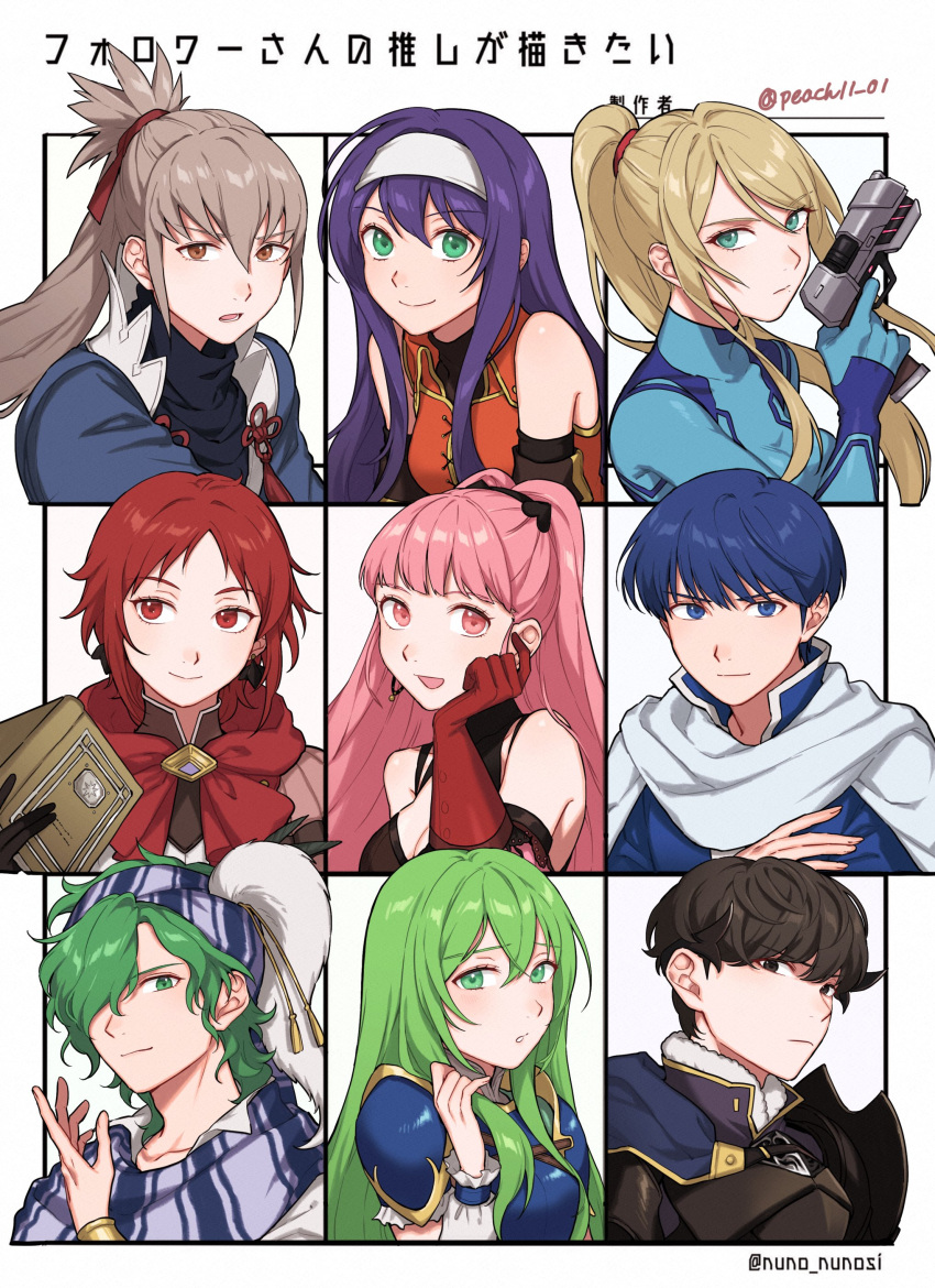 absurdres ahoge armor bangs berkut_(fire_emblem) black_armor blonde_hair blue_eyes blue_hair bodysuit breasts fire_emblem fire_emblem:_path_of_radiance fire_emblem:_three_houses fire_emblem_echoes:_shadows_of_valentia fire_emblem_fates fire_emblem_warriors:_three_hopes followers_favorite_challenge gloves green_eyes gun hairband headband highres hilda_valentine_goneril large_breasts long_hair looking_at_viewer metroid mia_(fire_emblem) mole mole_under_mouth monica_von_ochs official_alternate_costume official_alternate_hairstyle open_mouth peach11_01 ponytail purple_hair red_eyes redhead samus_aran short_hair simple_background skin_tight smile takumi_(fire_emblem) upper_body weapon white_hairband zero_suit