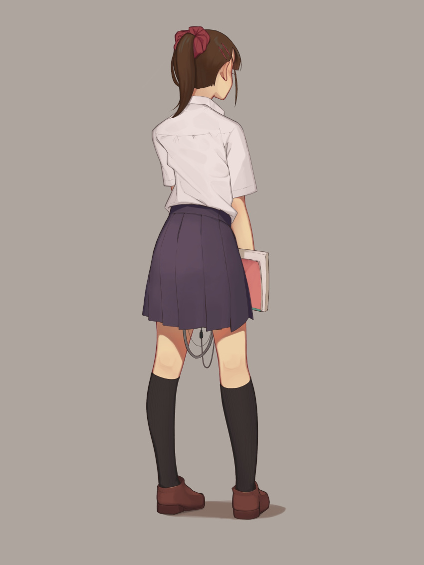 1girl absurdres android brown_hair collared_shirt damaged facing_away from_behind full_body hair_ornament hair_scrunchie highres holding holding_notebook kneehighs loafers maker mecha-jk mechanical_parts medium_hair notebook original ponytail school_uniform scrunchie shirt shoes simple_background socks solo standing uniform