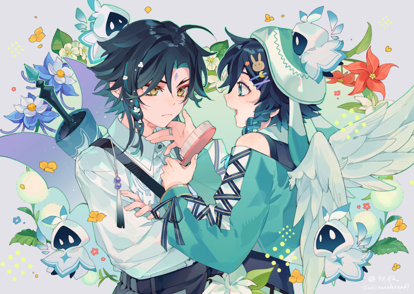 2boys bangs blue_hair braid character_request chinese_commentary closed_mouth commentary_request feathered_wings flower frown genshin_impact gradient_hair green_eyes green_hair grey_background hair_brush hair_ornament hairclip hat highres holding holding_brush long_sleeves looking_at_another male_focus multicolored_hair multiple_boys open_mouth short_hair smile sword venti_(genshin_impact) weapon white_wings wings xiao_(genshin_impact) yedididii yellow_eyes