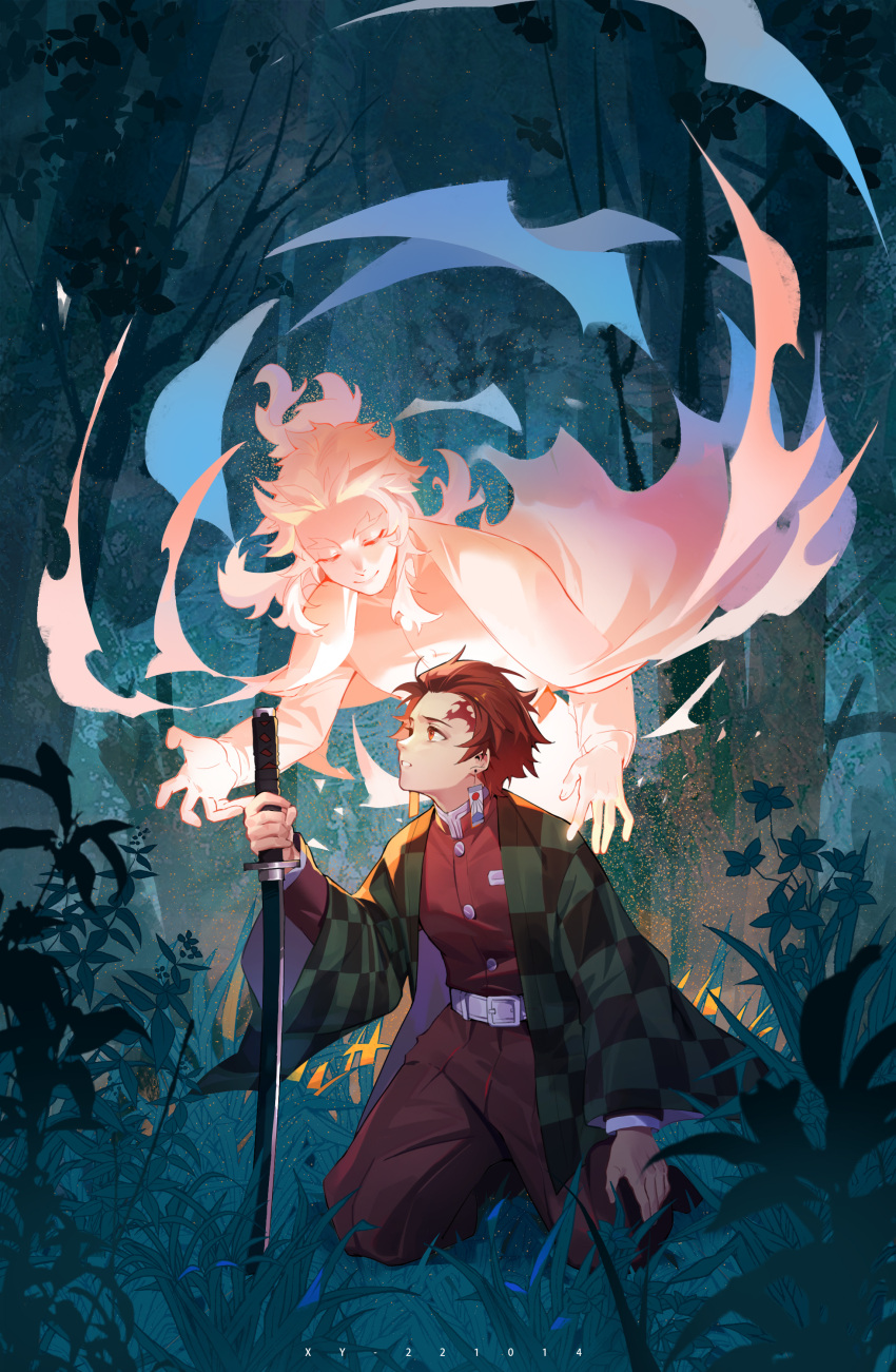 2boys absurdres beishang_yutou belt black_jacket black_pants brown_hair checkered_haori demon_slayer_uniform earrings forest haori highres jacket japanese_clothes jewelry kamado_nezuko kimetsu_no_yaiba kneeling male_focus multiple_boys nature night outdoors pants plant red_eyes rengoku_kyoujurou scar scar_on_face scar_on_forehead short_hair spirit tree white_belt