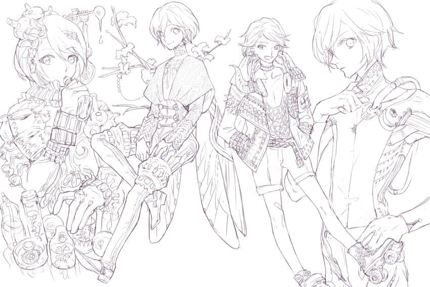 alternate_costume androgynous bandaid bandaid_on_leg belt bodysuit collar collar_tug cosplay drinking ear_piercing earrings fairy fairy_wings hands_in_pockets headphones headphones_around_neck high_collar jacket jewelry low_neckline male_focus monochrome multiple_views nishihara_isao piercing pixiv_fantasia pixiv_fantasia_sword_regalia punk r-riru_(pixiv_fantasia) r-riru_(pixiv_fantasia)_(cosplay) roller_skates scoop_neck serini_(pixiv_fantasia) short_hair shorts sitting skates sketch smile studded_belt studded_collar studded_jacket wet wet_hair wetsuit wings