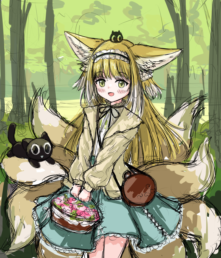 1girl :d absurdres animal animal_ear_fluff animal_ears arknights bag basket black_cat black_hairband black_ribbon blonde_hair blue_skirt blush brown_jacket cat commentary crossover day english_commentary flower fox_ears fox_girl fox_tail frilled_hairband frills green_eyes hairband heixiu highres holding holding_basket jacket kyuubi long_hair long_sleeves looking_at_viewer luoxiaohei multicolored_hair multiple_tails neck_ribbon on_head open_clothes open_jacket outdoors pink_flower puffy_long_sleeves puffy_sleeves ribbon rylaera shirt shoulder_bag sketch skirt smile suzuran_(arknights) suzuran_(spring_praise)_(arknights) tail the_legend_of_luo_xiaohei tree two-tone_hair very_long_hair white_hair white_shirt