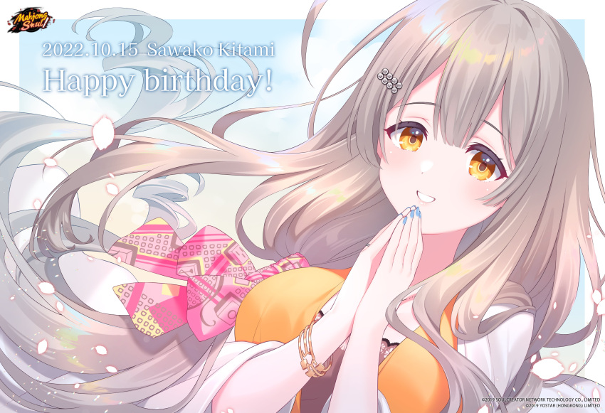 1girl absurdres blue_nails border bracelet commentary copyright_name english_commentary hair_ornament hairpin happy_birthday highres jewelry kitami_sawako kusumoto_shizuru lace light_brown_hair logo long_hair looking_at_viewer mahjong_soul official_art official_wallpaper orange_eyes smile solo white_border