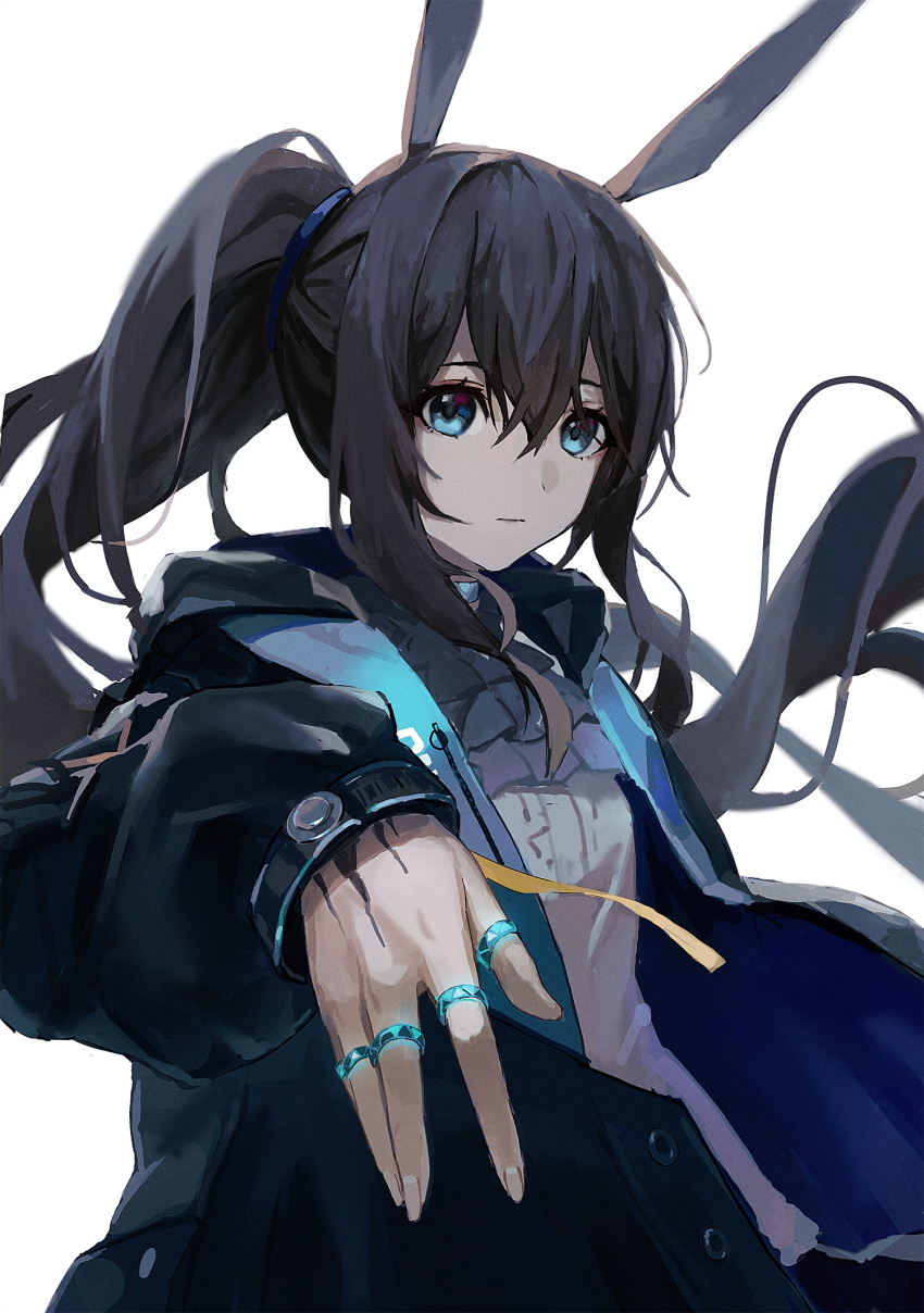 1girl amiya_(arknights) animal_ears arknights ascot bangs black_ascot black_coat black_hair blue_eyes closed_mouth coat highres im_catfood jewelry long_hair long_sleeves looking_at_viewer multiple_rings open_clothes open_coat oripathy_lesion_(arknights) ponytail rabbit_ears ring shirt sidelocks simple_background solo upper_body very_long_hair white_background white_shirt