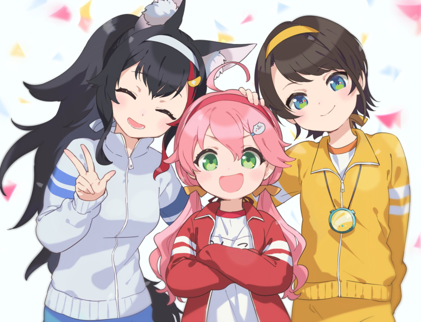 3girls :d ahoge animal_ears aqua_eyes bangs black_hair blue_eyes brown_hair closed_eyes closed_mouth commentary_request crossed_arms green_eyes hair_ornament hairband hand_on_another's_head highres hololive jacket long_hair long_sleeves looking_at_viewer low-tied_long_hair machico_maki multicolored_hair multiple_girls ookami_mio oozora_subaru open_clothes open_jacket open_mouth pants pink_hair red_hairband redhead sakura_miko shirt short_hair smile streaked_hair swept_bangs tail track_jacket track_pants track_suit upper_body v very_long_hair virtual_youtuber white_hair white_hairband white_shirt wolf_ears wolf_girl wolf_tail yellow_hairband zipper
