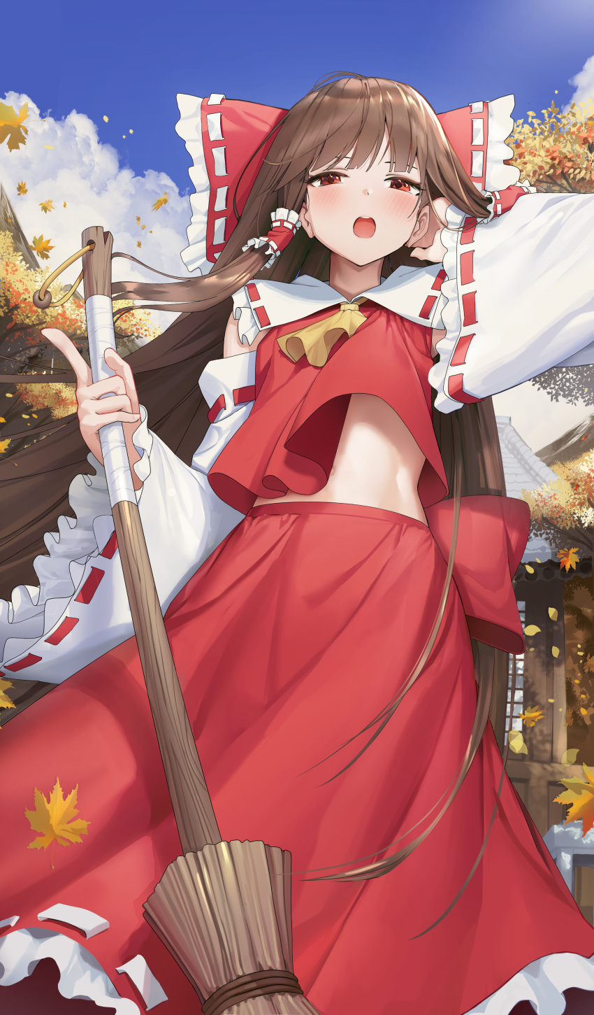 1girl absurdres ascot autumn autumn_leaves bare_shoulders blush bow broom brown_eyes brown_hair day detached_sleeves goback hair_bow hair_tubes hakurei_reimu highres holding holding_broom japanese_clothes long_hair navel nontraditional_miko open_mouth red_bow red_skirt ribbon-trimmed_sleeves ribbon_trim sidelocks skirt solo touhou white_sleeves wide_sleeves yellow_ascot