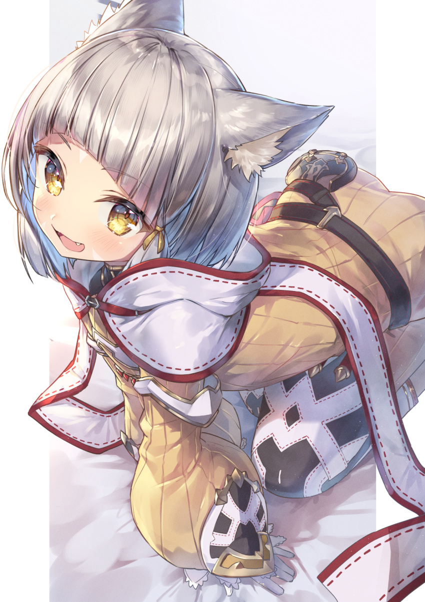 1girl :d all_fours animal_ear_fluff animal_ears bangs bed_sheet blunt_bangs bodysuit cat_ears commentary_request facial_mark fang gloves grey_hair highres long_sleeves looking_at_viewer nia_(xenoblade) puffy_long_sleeves puffy_sleeves short_hair simple_background sleeves_past_wrists smile solo topia white_background white_gloves xenoblade_chronicles_(series) xenoblade_chronicles_2 yellow_bodysuit yellow_eyes